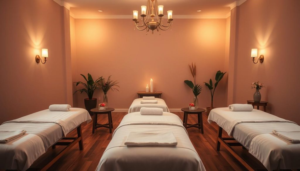 A calming, serene massage parlor scene with a cozy, intimate atmosphere. Soft, diffused lighting from wall sconces and a central chandelier casts a warm, inviting glow. Plush, cushioned massage tables are arranged in the middle ground, topped with crisp white linens. Potted plants and delicate floral accents on side tables add natural, soothing elements. The background features neutral-toned walls and a wooden floor, conveying a sense of tranquility and relaxation. Gentle, therapeutic massage techniques are being performed, encouraging deep, restorative rest and rejuvenation.