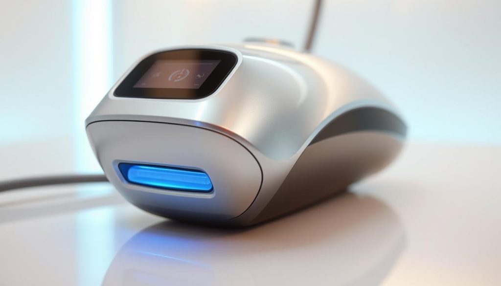 A close-up of a sleek, modern laser hair removal device, its metallic surface gleaming under soft, diffused lighting. The device rests on a clean, minimalist surface, hinting at a professional beauty clinic setting. The background is blurred, creating a sense of focus on the technology. The image conveys a sophisticated, high-tech approach to the art of laser epilation, suitable for a feature on beauty expertise and related courses in Istanbul.