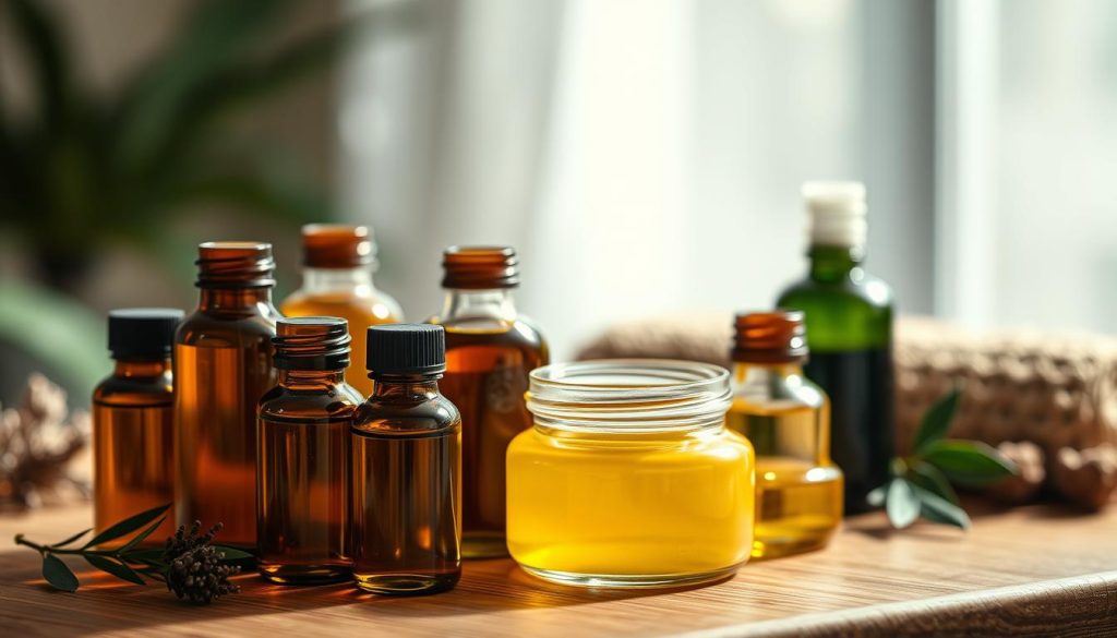 A close-up still life showcasing an arrangement of various natural massage oils on a wooden surface. The oils are presented in small glass bottles or jars, each with a distinct color and texture, ranging from deep amber to vibrant green. The lighting is soft and diffused, creating a warm, inviting atmosphere that highlights the natural beauty and tactile qualities of the products. The background is subtly blurred, allowing the massage oils to take center stage and emphasize their role in the practice of massage and self-care. The overall composition conveys a sense of tranquility, wellness, and the restorative properties of these natural ingredients.