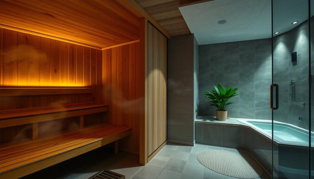A cozy and inviting sauna, its warm, amber-toned lighting casting a soothing glow over the rich, wooden walls and benches. Wisps of fragrant steam swirl through the tranquil space, creating an atmosphere of deep relaxation. In the adjacent room, a modern, sleek steam room awaits, its tiled surfaces gleaming under the soft, diffused lighting. Lush greenery, perhaps a potted plant or two, adds a refreshing touch, complementing the serene, spa-like ambiance. The scene evokes a sense of rejuvenation and well-being, perfectly capturing the essence of a luxurious sauna and steam room experience.