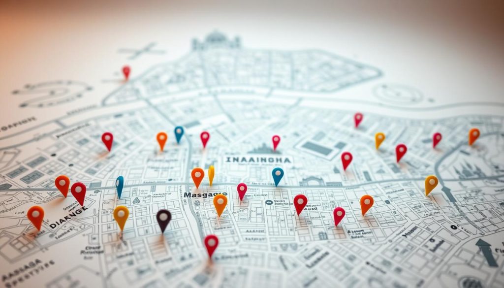 A detailed and artistic map of Istanbul, highlighting the locations of massage therapists across the city. The foreground features colorful pins or markers symbolizing different massage parlors, with varying shapes to represent different specialties. In the middle ground, the intricate layout of Istanbul's streets and landmarks is depicted, blending historic architecture with modern elements, emphasizing both the European and Asian sides. The background showcases a soft, ambient light to create a calming atmosphere, symbolizing relaxation and wellness, with gentle pastel tones to evoke tranquility. The angle is a slightly elevated view, allowing for a comprehensive perspective of the entire city while maintaining focus on the massage locations. The overall mood is serene and inviting, perfect for illustrating a journey towards body and mind harmony.