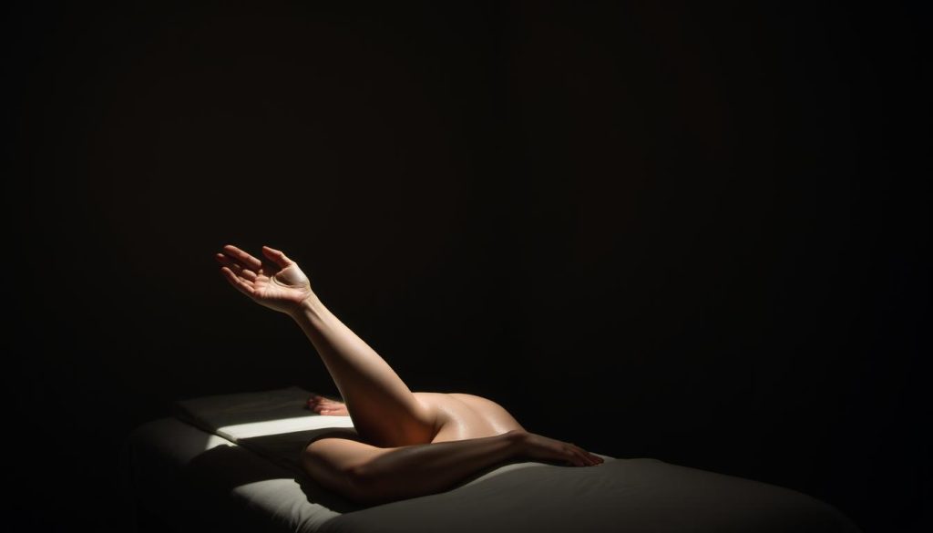 A dimly lit massage studio, shadows cast across the walls. Distorted, unnatural massage techniques are displayed - a twisted limb, a jarring, unbalanced posture. The lighting is harsh, almost clinical, creating an unsettling atmosphere. The focus is on the improper, potentially harmful hand placements and body positions, conveying the dangers of incorrect massage procedures. The image should have a sense of unease, cautioning the viewer about the potential risks of unprofessional massage practices.