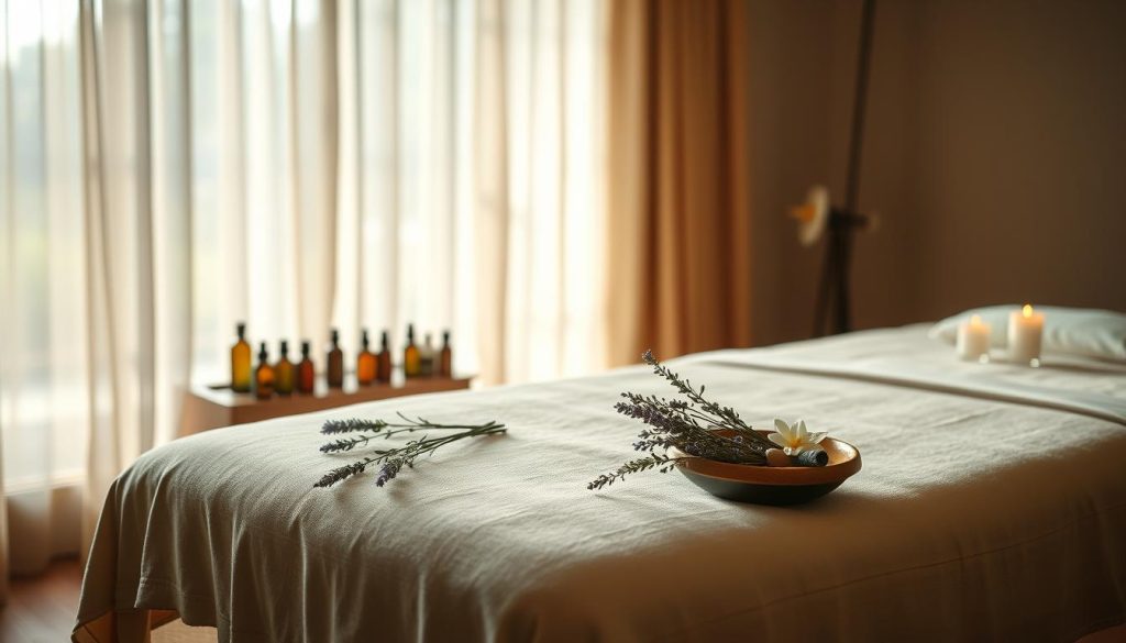 A dimly lit room, soft natural light filtering through sheer curtains, creating a warm, soothing ambiance. The scene depicts an aromatherapy massage, with an exquisitely detailed massage table draped in luxurious fabrics. Scattered around the table are various essential oil bottles, candles, and a bowl of fragrant flowers, such as lavender and jasmine, conveying a sense of tranquility and relaxation. The massage table is positioned in the foreground, with a blurred, serene background of neutral tones, allowing the focus to remain on the massage experience. The overall mood is one of serenity, rejuvenation, and a deep sense of well-being.
