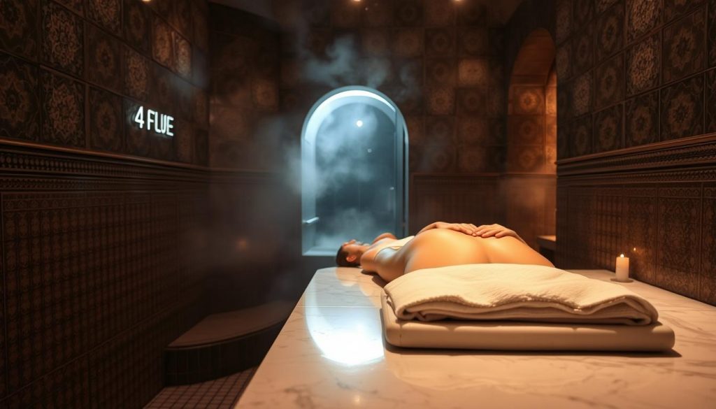 A dimly lit, serene hammam (Turkish bath) interior, with intricate tile patterns on the walls and a lush, humid atmosphere. In the foreground, a soothing massage is taking place on a raised marble slab, with a therapist's hands gently kneading the back of a relaxed client. Soft, diffused lighting creates a warm, inviting ambiance, while the background features the steam-filled chamber and the hint of an arched doorway leading to the next room. The overall scene conveys a sense of tranquility, rejuvenation, and the restorative benefits of traditional Turkish massage techniques.