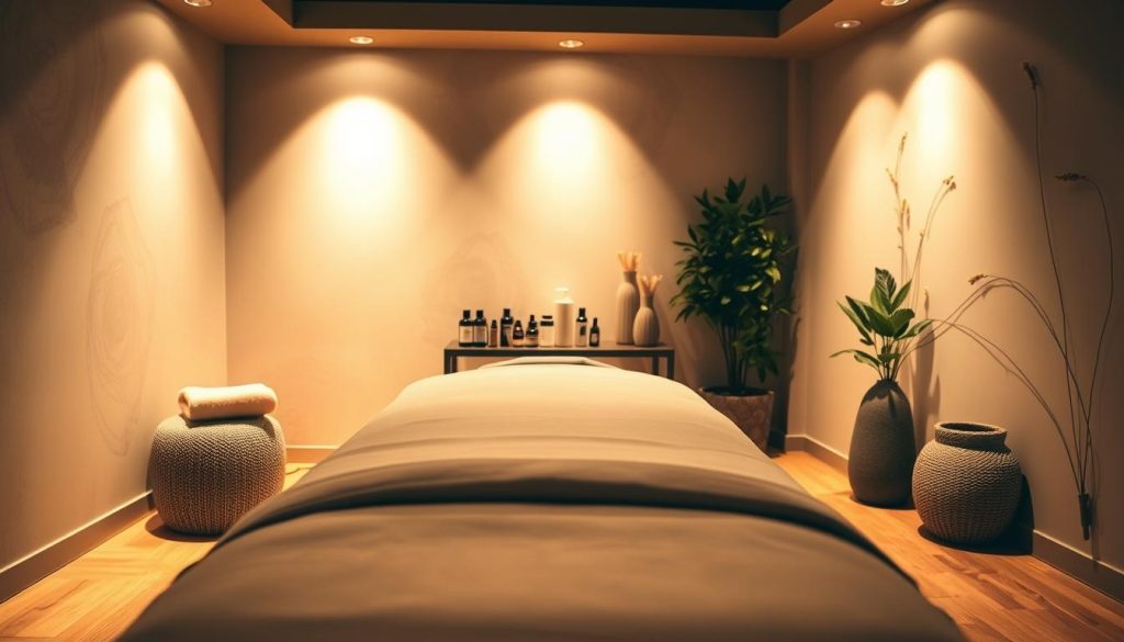 A dimly lit, serene massage studio with warm, earthy tones. In the foreground, a wooden massage table with plush, neutral-colored linens. Soft, diffused lighting illuminates the space, creating a calming atmosphere. In the middle ground, various massage tools and oils neatly arranged on a small side table, conveying professionalism and expertise. The background features subtle, abstract wall textures and soothing, nature-inspired decor, transporting the viewer to a peaceful, tranquil setting. The overall composition evokes a sense of relaxation, rejuvenation, and the expert application of both classic and medical massage techniques. A dimly lit, serene massage studio with warm, earthy tones. In the foreground, a wooden massage table with plush, neutral-colored linens. Soft, diffused lighting illuminates the space, creating a calming atmosphere. In the middle ground, various massage tools and oils neatly arranged on a small side table, conveying professionalism and expertise. The background features subtle, abstract wall textures and soothing, nature-inspired decor, transporting the viewer to a peaceful, tranquil setting. The overall composition evokes a sense of relaxation, rejuvenation, and the expert application of both classic and medical massage techniques.