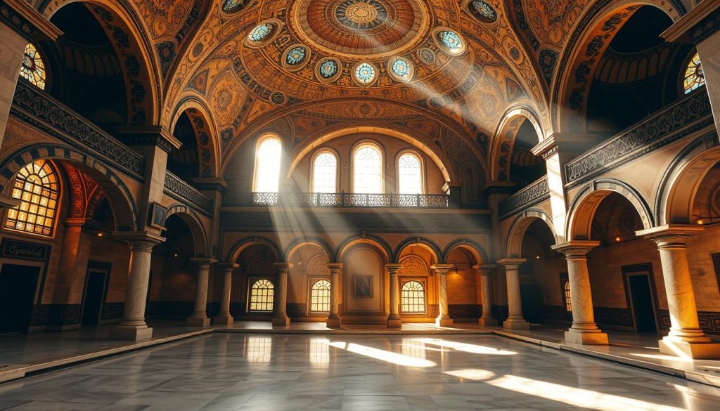 A grand, historic Ottoman bathhouse nestled in the heart of Zeyrek, Istanbul. The Zeyrek Çinili Hamam stands as a testament to the region's rich architectural heritage, its domed ceilings and intricate tilework bathed in warm, golden light. Capture the serene atmosphere of the interior, where sunlight filters through ornate windows, casting delicate patterns on the polished marble floors. Showcase the impressive scale and grandeur of the main bathing chamber, its elegant arches and decorative alcoves conveying a sense of timeless elegance. Depict the striking contrast between the bright, airy spaces and the more intimate, dimly lit areas, evoking the tranquil, contemplative mood that pervades this historic Turkish bath.