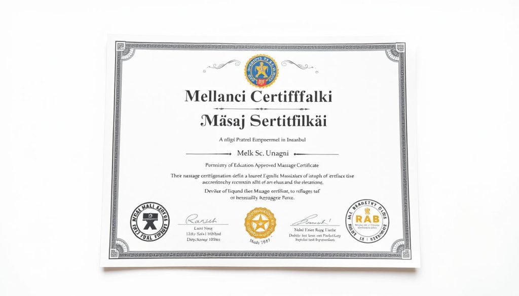 A high-quality, formal certificate against a white background, showcasing the "Meb Onaylı Masaj Sertifikası" (Ministry of Education Approved Massage Certificate) with clean typography, intricate patterns, and official seals or emblems. The certificate should have a professional and authoritative appearance, reflecting the rigorous training and accreditation process for Istanbul's Halk Eğitim (Public Education) Massage Course. The lighting should be soft and even, highlighting the details and texture of the paper. The perspective should be slightly elevated, giving the impression of a prestigious document worthy of display.