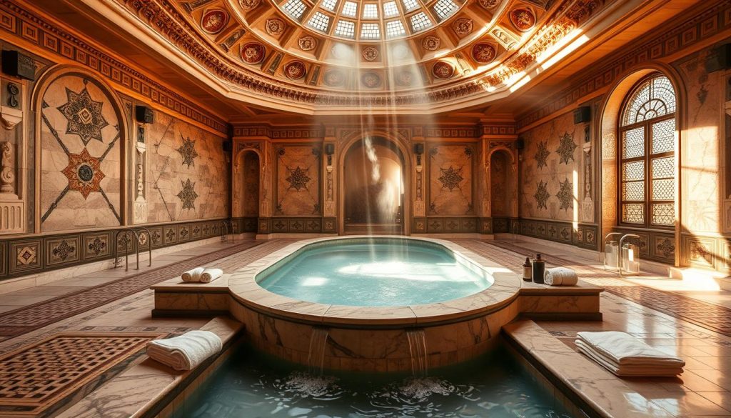A luxurious Turkish bath set within the opulent Çırağan Palace, bathed in warm, natural light filtering through the ornate domed ceiling. Intricate tile patterns and carved marble surfaces create an atmosphere of tranquil elegance. Steaming water cascades into a central marble pool, the air filled with the scent of fragrant oils. Plush towels and luxurious amenities hint at the high-end spa experience. The scene evokes the grandeur of the Ottoman era, yet with a modern sensibility that invites guests to indulge in timeless relaxation and rejuvenation.