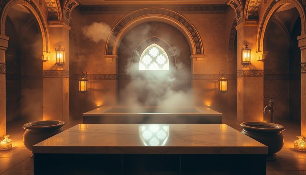A luxurious couple's hammam experience in Istanbul, bathed in soft, golden light. A spacious, tiled hammam chamber with ornate arches and intricate mosaics. Plumes of fragrant steam gently fill the air, creating an atmosphere of tranquility and relaxation. In the foreground, a large, heated marble slab invites guests to recline and unwind. Surrounding it, ornate ceramic basins and brass taps await, ready to dispense warm, cleansing waters. Ornamental lanterns cast a warm, ambient glow, enhancing the serene, almost ethereal mood. This private, exclusive retreat offers couples a chance to indulge in a truly memorable hammam ritual, a perfect fusion of tradition and modern luxury.