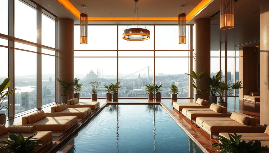 A luxurious indoor spa with a panoramic view of the Istanbul skyline. The large, airy space is bathed in warm, natural light filtering through floor-to-ceiling windows. Plush, modern furnishings in soothing earth tones invite guests to relax and unwind. A tranquil pool at the center reflects the city's iconic silhouette. Elegant light fixtures cast a soft, ambient glow, creating a serene, calming atmosphere. Lush, verdant potted plants line the perimeter, adding a touch of nature. The scene exudes a sense of sophisticated, urban wellness and serenity. A luxurious indoor spa with a panoramic view of the Istanbul skyline. The large, airy space is bathed in warm, natural light filtering through floor-to-ceiling windows. Plush, modern furnishings in soothing earth tones invite guests to relax and unwind. A tranquil pool at the center reflects the city's iconic silhouette. Elegant light fixtures cast a soft, ambient glow, creating a serene, calming atmosphere. Lush, verdant potted plants line the perimeter, adding a touch of nature. The scene exudes a sense of sophisticated, urban wellness and serenity.