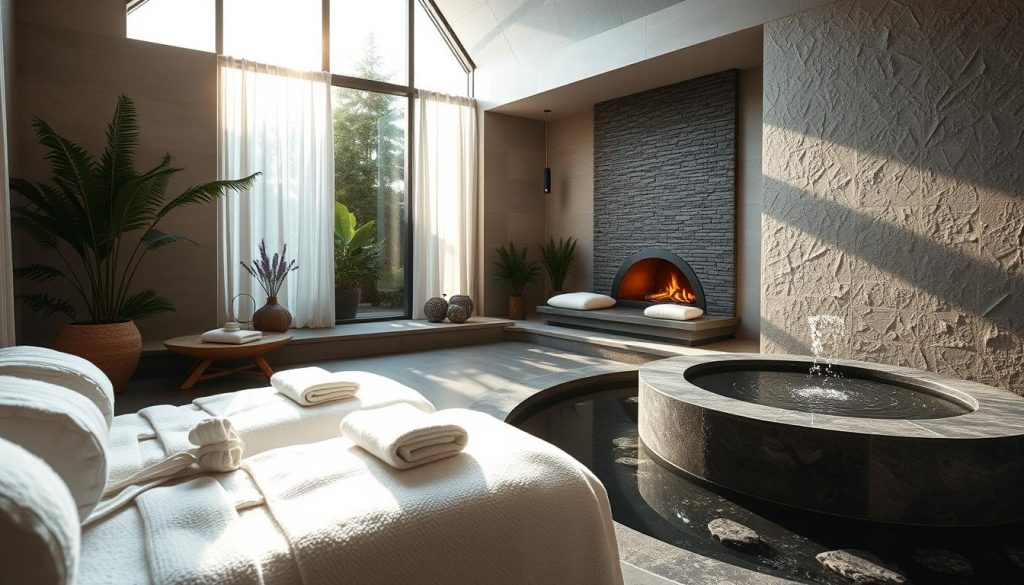 A luxurious spa retreat nestled in a serene oasis, with sunlight filtering through the large windows, casting a warm, soothing glow. Plush robes and soft towels invite guests to indulge in a tranquil experience. Calming scents of lavender and eucalyptus fill the air, creating a sense of relaxation. Elegant decor, featuring natural materials like stone and wood, blends seamlessly with the calming atmosphere. A cozy fireplace in the corner casts a gentle ambiance, while the sound of flowing water from a minimalist fountain adds to the serene ambiance. Soft, indirect lighting and a muted color palette evoke a sense of harmony and balance, perfect for a rejuvenating spa experience.