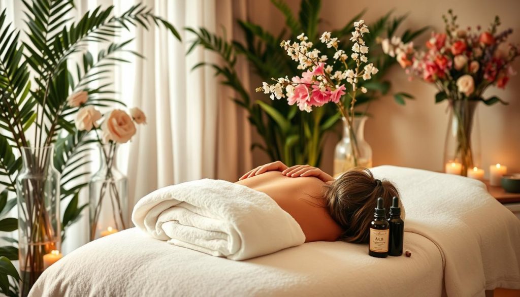 A luxurious spa setting with a serene atmosphere. A beautifully decorated room with soft lighting, featuring a massage table draped in plush, white linens. Lush, green foliage and elegant glass vases filled with fragrant flowers adorn the space, creating a calming, natural ambiance. A skilled masseuse's hands gently massage aromatic oils into the skin, promoting relaxation and wellness. The scene evokes a sense of tranquility and indulgence, perfectly capturing the essence of a popular and rejuvenating aromatherapy massage.