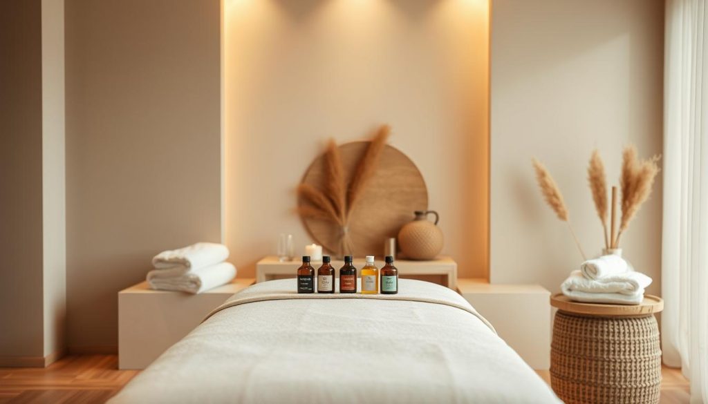 A luxurious spa setting with soft lighting, plush fabrics, and natural elements. A massage table takes center stage, accompanied by a selection of massage oil bottles and towels neatly arranged. The background features calming, earthy tones and a minimalist aesthetic, creating a serene and tranquil atmosphere. The overall composition conveys a sense of relaxation and indulgence, perfectly suited for a high-end spa experience.