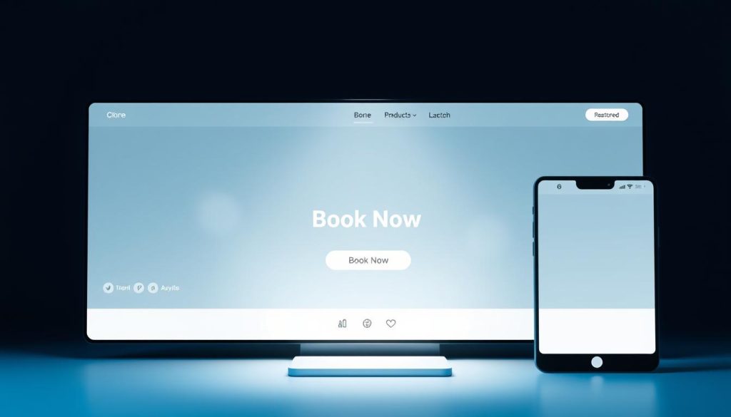 A modern and minimalist online reservation interface, showcasing a clean user experience with a focus on simplicity and efficiency. The layout features a prominent "Book Now" button, surrounded by sleek icons and intuitive navigation elements. The color palette is a harmonious blend of calming blues and grays, creating a professional and trustworthy atmosphere. Subtle lighting casts a soft glow, illuminating the responsive interface that adapts seamlessly to various device screens. The overall impression conveys a sense of effortless booking convenience, catering to the needs of discerning customers seeking a hassle-free online reservation experience.
