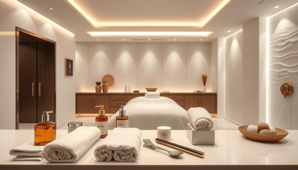 A modern, clean, and well-lit spa interior with pristine surfaces, gleaming equipment, and a serene atmosphere. In the foreground, a selection of professional massage supplies, including towels, oils, and tools, arranged neatly on a table. The middle ground features a plush massage table with crisp, white linens, illuminated by soft, diffused lighting. In the background, a minimalist, minimalist design with subtle textures and muted colors, conveying a sense of tranquility and attention to detail. The overall scene exudes a feeling of trust, hygiene, and professionalism, perfectly capturing the essence of "İstanbul Masaj Hizmetlerinde Güven ve Profesyonellik".