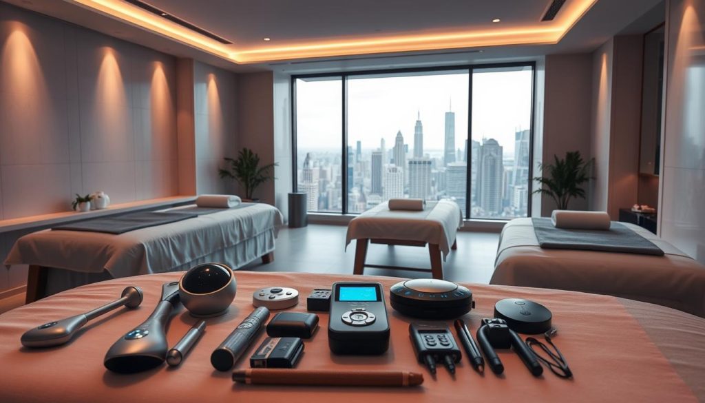 A modern luxury spa, with a sleek, minimalist interior. Soft ambient lighting illuminates a serene massage suite, equipped with state-of-the-art massage beds and soothing music. In the foreground, a selection of high-tech massage tools and accessories lie neatly arranged, showcasing the latest advancements in massage technology. The middle ground features a large window, offering a glimpse of the bustling city skyline outside, creating a sense of tranquility amidst the urban landscape. The overall atmosphere evokes a sense of relaxation, comfort, and the latest in massage innovation.