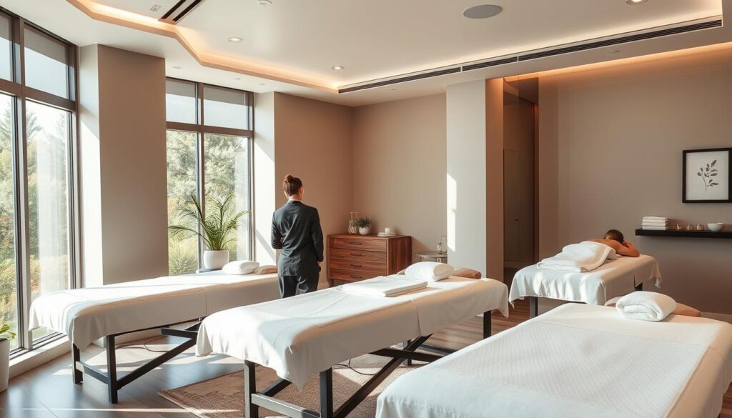 A modern, well-equipped massage therapy clinic with professional therapists providing expert services. The interior features sleek, minimalist design with muted colors and natural light streaming in through large windows. Plush massage tables, soothing aromatherapy, and discreet private treatment rooms create a serene, relaxing atmosphere. The skilled therapists use a variety of techniques, from deep tissue to Swedish massage, to alleviate stress and promote overall well-being. The clinic exudes an air of sophistication and wellness, catering to discerning clientele seeking a premium massage experience.