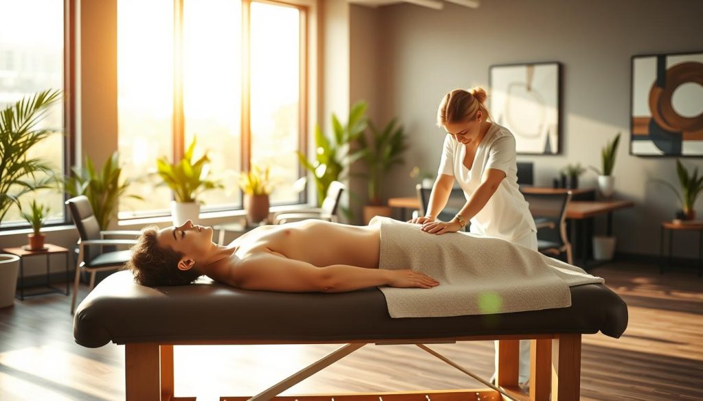 A peaceful office setting, bathed in warm, natural lighting filtering through large windows. In the foreground, a person reclines comfortably on a massage table, their eyes closed as a skilled masseuse applies gentle, soothing strokes to their shoulders and back. The middle ground features sleek, minimalist office furniture, creating a calming, professional atmosphere. In the background, potted plants and abstract artwork adorn the walls, contributing to the overall sense of wellness and relaxation. The scene conveys a tranquil oasis within the bustling office environment, where the restorative power of massage can be experienced. A peaceful office setting, bathed in warm, natural lighting filtering through large windows. In the foreground, a person reclines comfortably on a massage table, their eyes closed as a skilled masseuse applies gentle, soothing strokes to their shoulders and back. The middle ground features sleek, minimalist office furniture, creating a calming, professional atmosphere. In the background, potted plants and abstract artwork adorn the walls, contributing to the overall sense of wellness and relaxation. The scene conveys a tranquil oasis within the bustling office environment, where the restorative power of massage can be experienced.