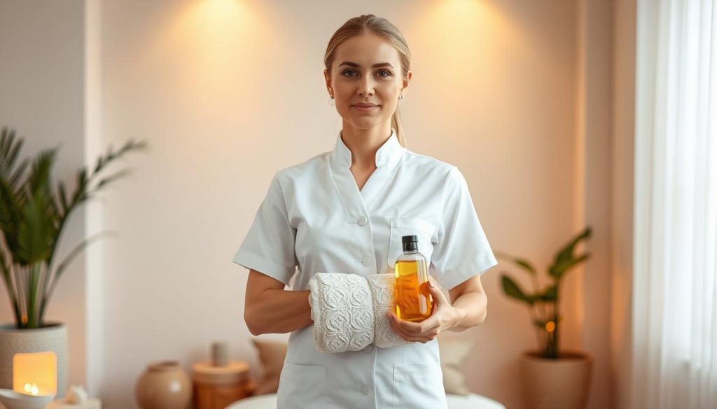 A professional massage therapist standing in a serene, softly lit studio, dressed in a crisp white uniform. They hold a luxurious towel and massage oil, exuding confidence and expertise. The background features soothing neutral tones and natural elements like potted plants, creating a calming, spa-like atmosphere. The lighting is warm and diffused, accentuating the therapist's serene expression and the tranquil ambiance. The camera angle is slightly elevated, giving a sense of professionalism and authority. Every detail conveys the therapist's dedication to providing a superior, rejuvenating massage experience.