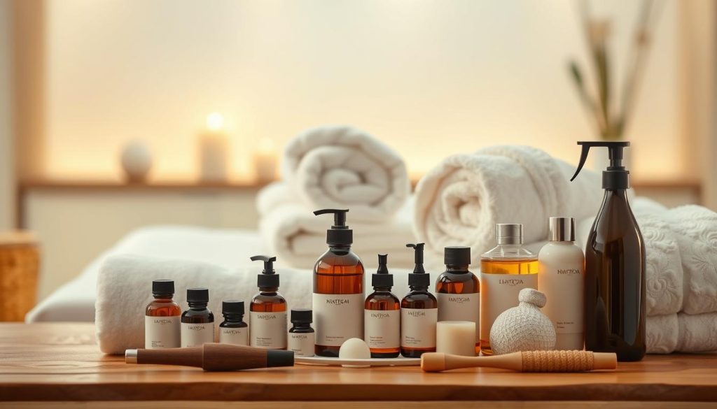 A relaxing spa scene featuring an assortment of professional massage products. In the foreground, an array of essential oils, massage tools, and soothing lotions are arranged on a natural wooden surface, illuminated by soft, diffused lighting. In the middle ground, plush towels and fluffy white robes are folded neatly, creating a sense of tranquility. The background is hazy, with a blurred view of a serene, minimalist interior, suggesting a high-end spa environment. The overall atmosphere is one of luxury, relaxation, and indulgence, perfectly capturing the essence of a professional massage experience.