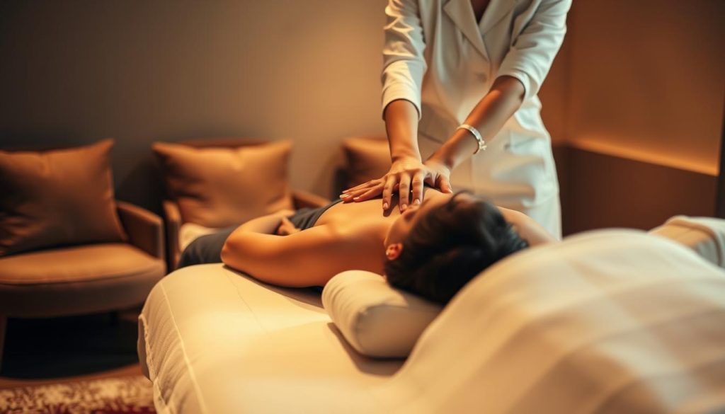 A serene and calming office massage scene. A cozy, dimly lit room with plush, earthy-toned furnishings. A professional masseuse in a crisp white uniform gently kneads the shoulders of a client reclining on a padded massage table, their face obscured. Soft, diffused lighting casts a warm glow, creating an atmosphere of tranquility and rejuvenation. The camera angle is from the side, capturing the graceful motion of the massage and the client's relaxed posture. A sense of luxury and well-being permeates the scene, evoking the benefits of incorporating professional massage into a corporate wellness program.