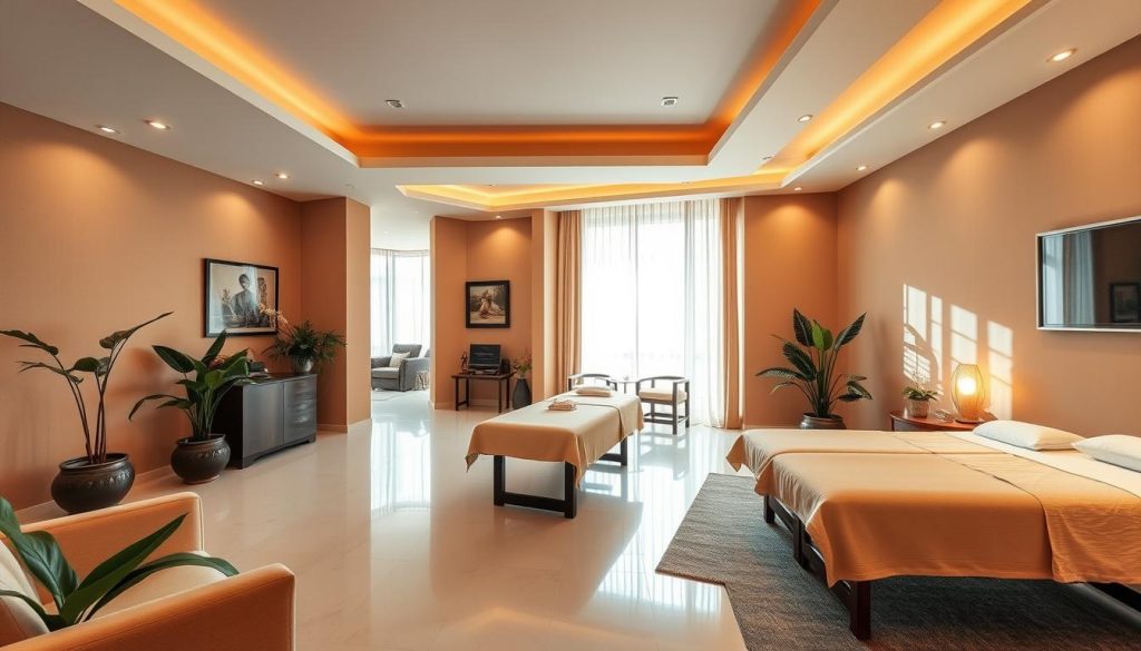 A serene and inviting massage parlor in Sancaktepe, with a warm, earthy color palette and elegant, minimalist decor. The spacious lobby features soft lighting, plush seating, and lush potted plants, creating a tranquil atmosphere. In the treatment rooms, sunlight filters through large windows, illuminating the clean, modern design and high-quality massage tables. The overall impression is one of professionalism, comfort, and relaxation, reflecting the exceptional services offered within.