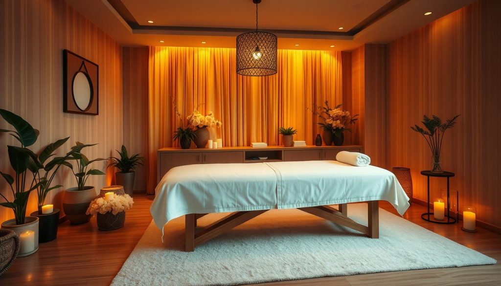 A serene and inviting massage parlor interior, bathed in warm, golden lighting. A luxurious massage table takes center stage, surrounded by soothing decor elements like potted plants, candles, and plush linens. The atmosphere exudes a sense of tranquility and relaxation, inviting the viewer to indulge in a rejuvenating and affordable massage experience. The camera angle is slightly elevated, capturing the scene from an angle that suggests a welcoming and professional setting. The overall composition and use of lighting create a visually appealing and calming image that reflects the "Fiyatlarımız" (Our Prices) section of the article.