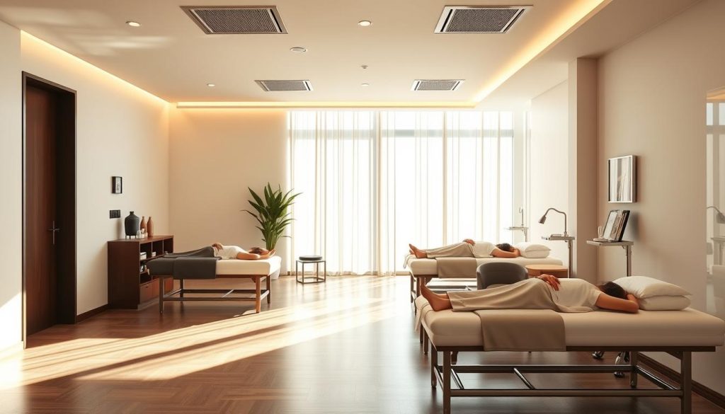 A serene and modern physical therapy center in Istanbul, bathed in warm, natural lighting. The interior features sleek, minimalist design with clean lines and a calming color palette. The reception area greets patients with a welcoming atmosphere, leading to private treatment rooms equipped with state-of-the-art medical equipment. Patients recline on padded tables as skilled therapists administer personalized medical massages, promoting healing and rehabilitation. The overall environment exudes professionalism, comfort and a holistic approach to physiotherapy.