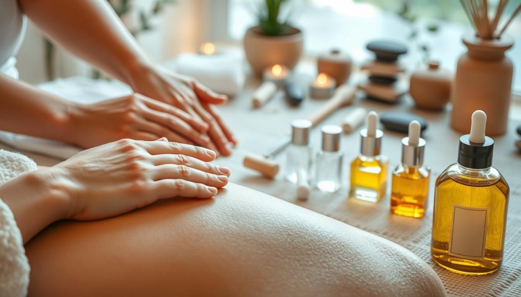A serene and relaxing scene showcasing various massage techniques. In the foreground, delicate hands gently kneading and soothing tense muscles, using smooth, flowing motions. The middle ground features an array of massage tools and oils, each designed to target specific areas of the body. In the background, a tranquil, spa-like environment with soft lighting, soothing colors, and natural elements like plants and stones, creating a calming atmosphere. The image conveys a sense of rejuvenation, wellness, and the restorative power of different massage modalities.