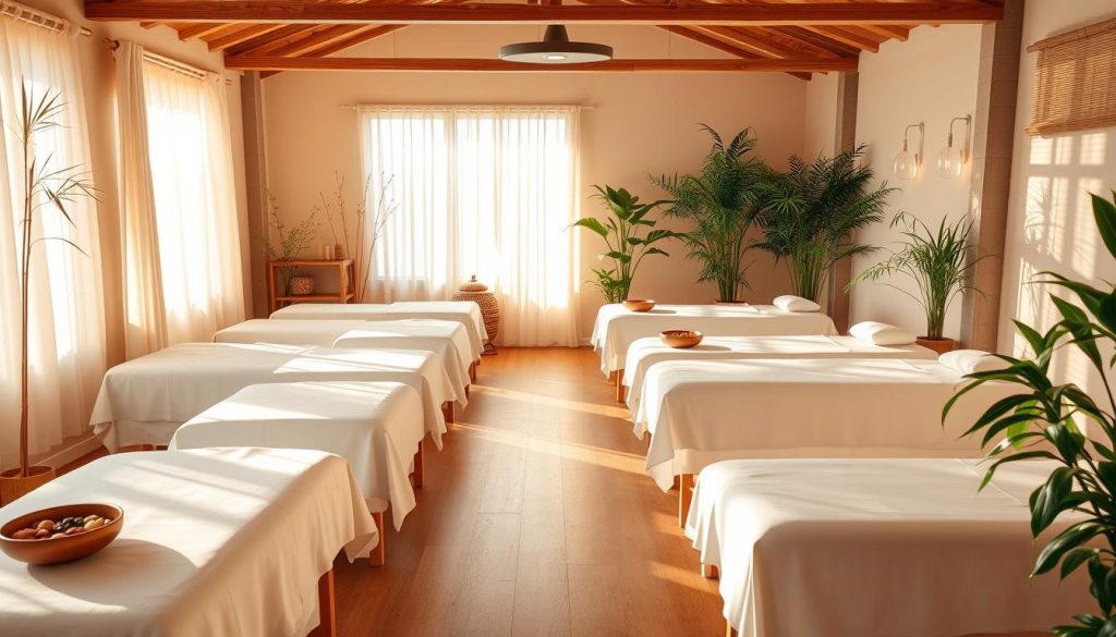 A serene and tranquil massage studio, bathed in warm, natural lighting. Rows of massage tables stand at the ready, each draped in crisp, white linens. Soft, earthy tones permeate the space, creating a calming, therapeutic atmosphere. Bowls of fragrant essential oils, bamboo accents, and lush potted plants adorn the scene, evoking a sense of harmony and relaxation. The focus is on the diverse array of massage techniques, from the long, flowing strokes of Swedish massage to the deep, targeted pressure of deep tissue work. The scene exudes a sense of wellness, balance, and the nurturing power of touch. A serene and tranquil massage studio, bathed in warm, natural lighting. Rows of massage tables stand at the ready, each draped in crisp, white linens. Soft, earthy tones permeate the space, creating a calming, therapeutic atmosphere. Bowls of fragrant essential oils, bamboo accents, and lush potted plants adorn the scene, evoking a sense of harmony and relaxation. The focus is on the diverse array of massage techniques, from the long, flowing strokes of Swedish massage to the deep, targeted pressure of deep tissue work. The scene exudes a sense of wellness, balance, and the nurturing power of touch.
