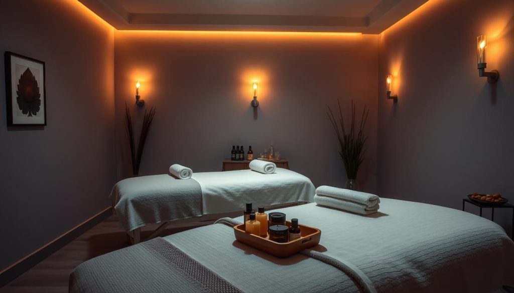 A serene and tranquil massage therapy studio, dimly lit with warm, soft lighting. Plush, inviting massage tables are set against a backdrop of soothing, neutral-toned walls. Diffused essential oils fill the air, creating a calming, therapeutic atmosphere. Carefully selected, high-quality massage oils and tools are neatly arranged, ready for a personalized, specialized massage experience. The space exudes an aura of professionalism, attention to detail, and a commitment to delivering exceptional, customized massage programs tailored to each individual's needs.