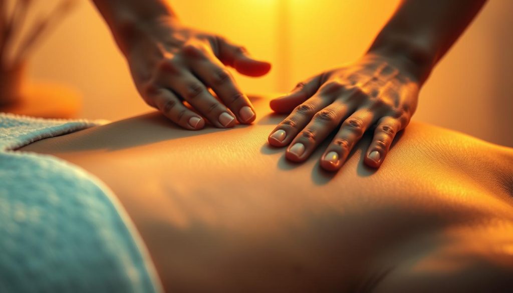 A serene and tranquil scene of a masseuse's hands gently kneading and manipulating the muscles, promoting increased blood circulation and lymphatic drainage. The warm, diffused lighting casts a soothing glow, evoking a sense of relaxation. The subject's body is depicted in a minimalist, abstract manner, allowing the focus to remain on the massage techniques. The composition features clean lines, soft hues, and a calming atmosphere, reflecting the physical and mental benefits of the therapeutic massage.