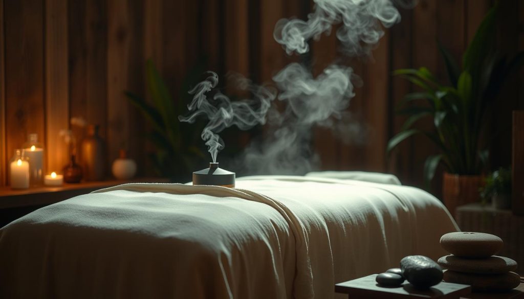 A serene and tranquil scene of an Istanbul aromatherapy massage experience. A dimly lit room with warm, soft lighting casts a soothing glow over a plush massage table draped in luxurious linens. Delicate wisps of fragrant steam rise from a diffuser, infusing the air with calming essential oils. Lush, verdant plants and natural textures, such as weathered wood and river stones, create an immersive, spa-like ambiance. The composition emphasizes a sense of relaxation and rejuvenation, inviting the viewer to imagine themselves melting into the tranquil setting.