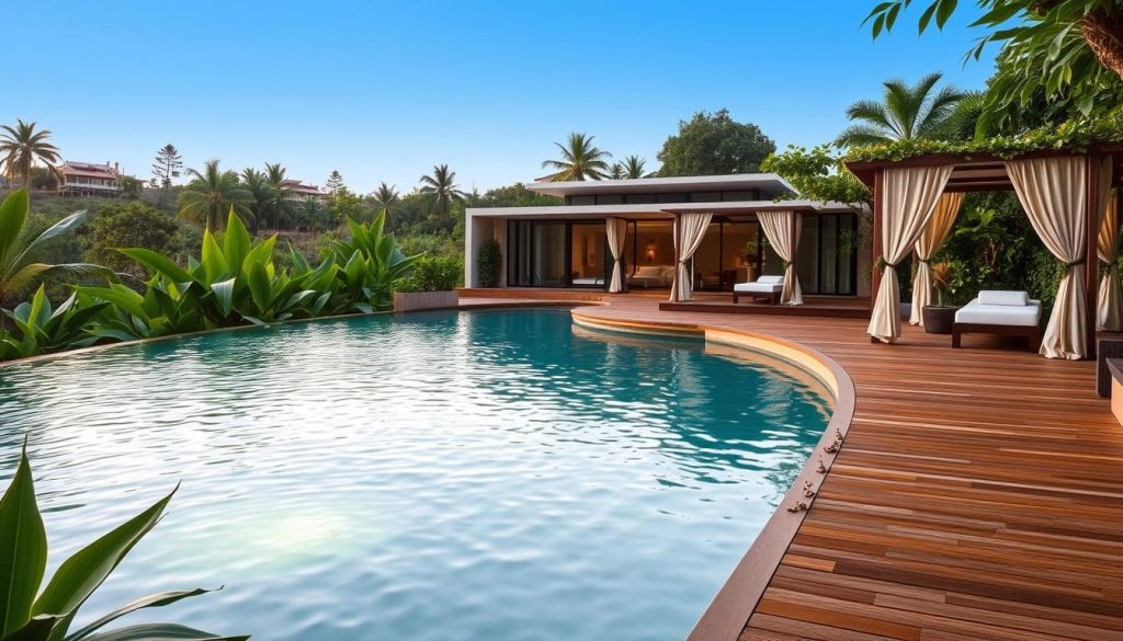 A serene and tranquil spa setting, with a soothing mix of natural elements. A large, heated pool surrounded by lush, tropical foliage, its surface gently rippling under soft, diffused lighting. Alongside, an inviting wooden deck leads to private cabanas, where clients can indulge in Bali-inspired massage treatments. In the background, a modern, minimalist spa building blends seamlessly with the natural landscape, its clean lines and glass facades reflecting the surrounding greenery. The overall atmosphere exudes a sense of relaxation and rejuvenation, perfect for the Bali massage experience.
