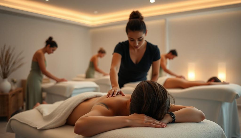 A serene and tranquil spa setting with an array of professional massage therapists, each focused on providing personalized care. The scene depicts a well-appointed treatment room bathed in soft, diffused lighting, with minimalist decor and calming earth tones. In the foreground, a skilled masseuse's hands gently work the muscles of a client, their faces obscured to maintain privacy. In the background, additional therapists attend to other guests, all exuding a sense of expertise and dedication to their craft. The overall atmosphere evokes a sanctuary of relaxation and rejuvenation. A serene and tranquil spa setting with an array of professional massage therapists, each focused on providing personalized care. The scene depicts a well-appointed treatment room bathed in soft, diffused lighting, with minimalist decor and calming earth tones. In the foreground, a skilled masseuse's hands gently work the muscles of a client, their faces obscured to maintain privacy. In the background, additional therapists attend to other guests, all exuding a sense of expertise and dedication to their craft. The overall atmosphere evokes a sanctuary of relaxation and rejuvenation.