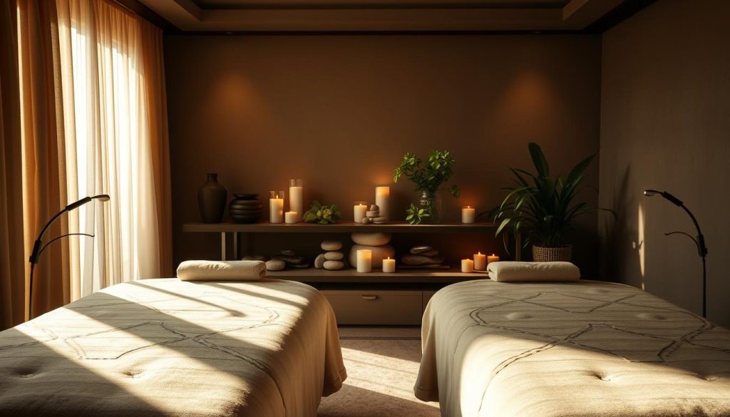 A serene, dimly lit massage studio with soft natural lighting filtering through sheer curtains. Plush, oversized massage tables are situated in the foreground, inviting the viewer to experience a state of profound relaxation. The middle ground features an array of soothing, natural elements such as river stones, fragrant candles, and lush, verdant plants, creating a tranquil, spa-like ambiance. In the background, subtle, muted colors and textures evoke a sense of tranquility and mental clarity. The overall scene conveys a harmonious balance of physical and mental well-being, reflecting the restorative benefits of massage therapy.