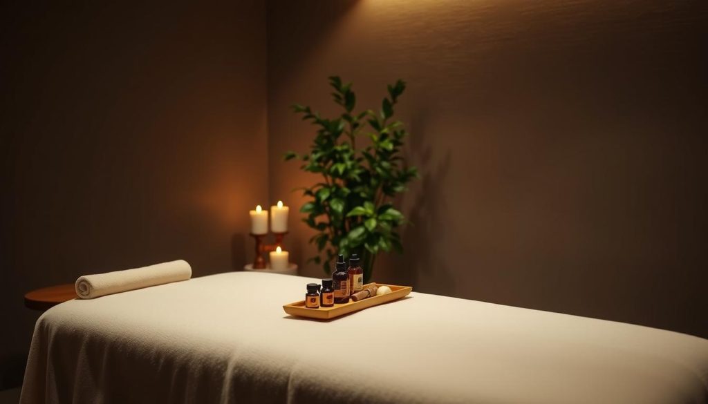 A serene, dimly lit spa-like environment with soft, diffused lighting and a sense of tranquility. In the foreground, a soothing massage table draped in a plush, neutral-colored fabric. Beside it, a wooden stool and a tray with essential oils and massage tools. In the middle ground, a lush, verdant potted plant and a few candles, their flames flickering gently. The background features a calming, neutral-toned wall, perhaps with a subtle textural pattern. The overall atmosphere evokes a sense of relaxation, stress relief, and mindful self-care.