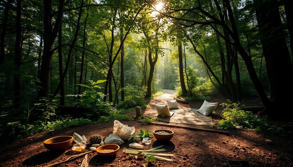 A serene forest clearing, sunlight filtering through the lush canopy, creating a warm, earthy glow. In the center, a collection of natural elements - crystals, herbs, and wooden bowls filled with aromatic oils. Nearby, a winding path leads to a tranquil meditation space, with soft cushions and a backdrop of verdant foliage. The scene exudes a sense of balance, harmony, and holistic wellbeing, inviting the viewer to connect with the restorative power of nature and alternative healing practices.