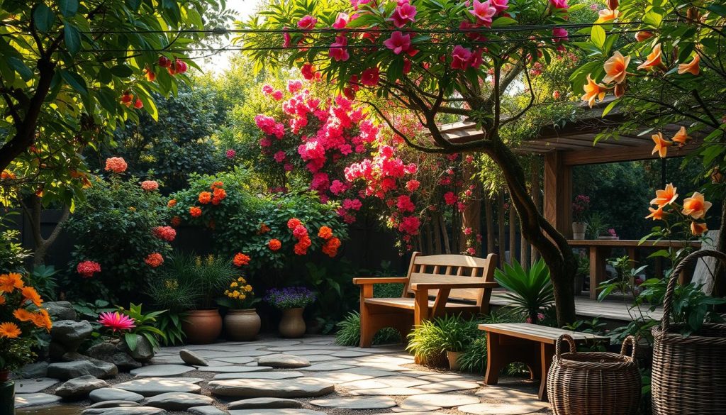 A serene garden oasis with lush, verdant foliage and vibrant blossoms in warm, inviting hues. Soft, diffused sunlight filters through the canopy, casting a gentle glow. In the foreground, an array of soothing, organic elements such as river stones, wooden benches, and woven baskets convey a sense of wellness and tranquility. The overall atmosphere is one of rejuvenation, harmony, and the restorative power of nature. A serene garden oasis with lush, verdant foliage and vibrant blossoms in warm, inviting hues. Soft, diffused sunlight filters through the canopy, casting a gentle glow. In the foreground, an array of soothing, organic elements such as river stones, wooden benches, and woven baskets convey a sense of wellness and tranquility. The overall atmosphere is one of rejuvenation, harmony, and the restorative power of nature.
