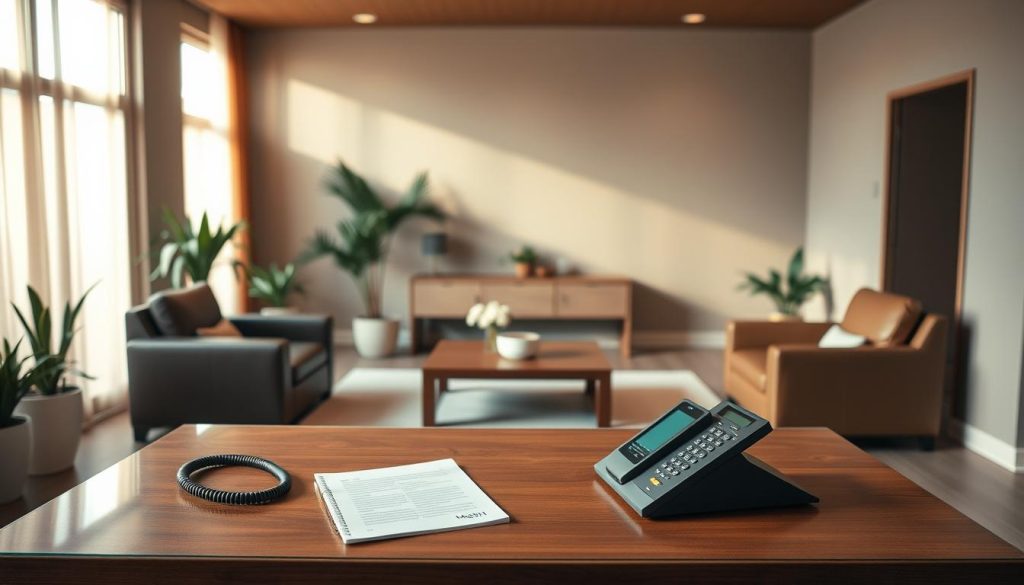 A serene massage studio interior, bathed in warm, diffused lighting. Plush leather armchairs and a low, minimalist wooden coffee table set the tranquil ambiance. Potted plants and soft, earthy tones evoke a sense of natural relaxation. A sleek, frameless desk in the foreground, adorned with a modern telephone and a neatly arranged notepad, invites visitors to inquire about appointments and services. The space exudes an aura of professionalism and quiet comfort, setting the stage for a rejuvenating, personalized massage experience.