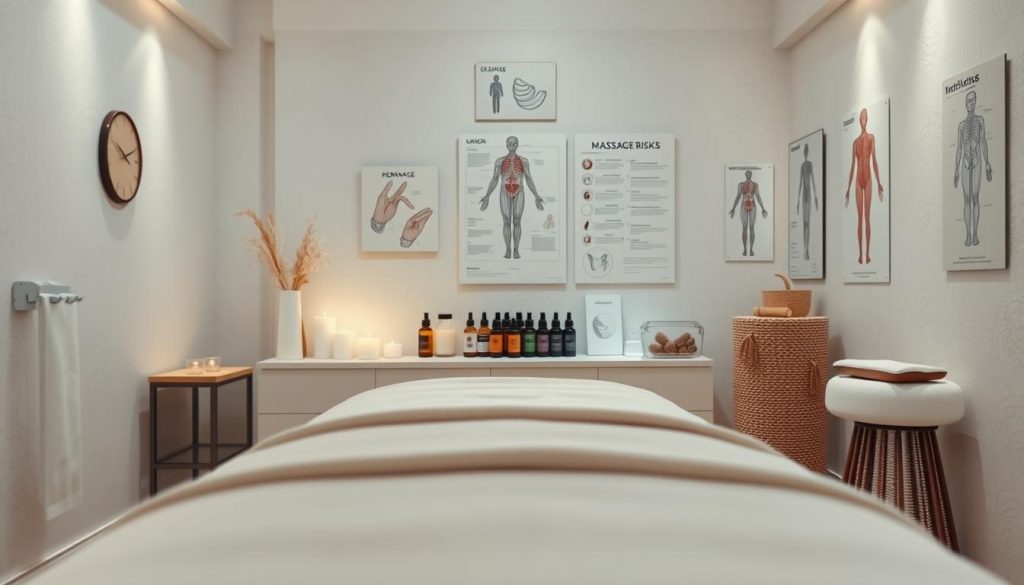 A serene massage studio with soft lighting, calming pastel hues, and textured surfaces. In the foreground, a massage table with plush linens invites the viewer to imagine the soothing experience. The middle ground features a selection of essential oils, candles, and other massage tools, conveying the therapeutic benefits. The background subtly hints at the risks, with anatomical diagrams and wellness charts providing a sense of mindfulness and caution. The overall atmosphere evokes a balance between relaxation and well-being.