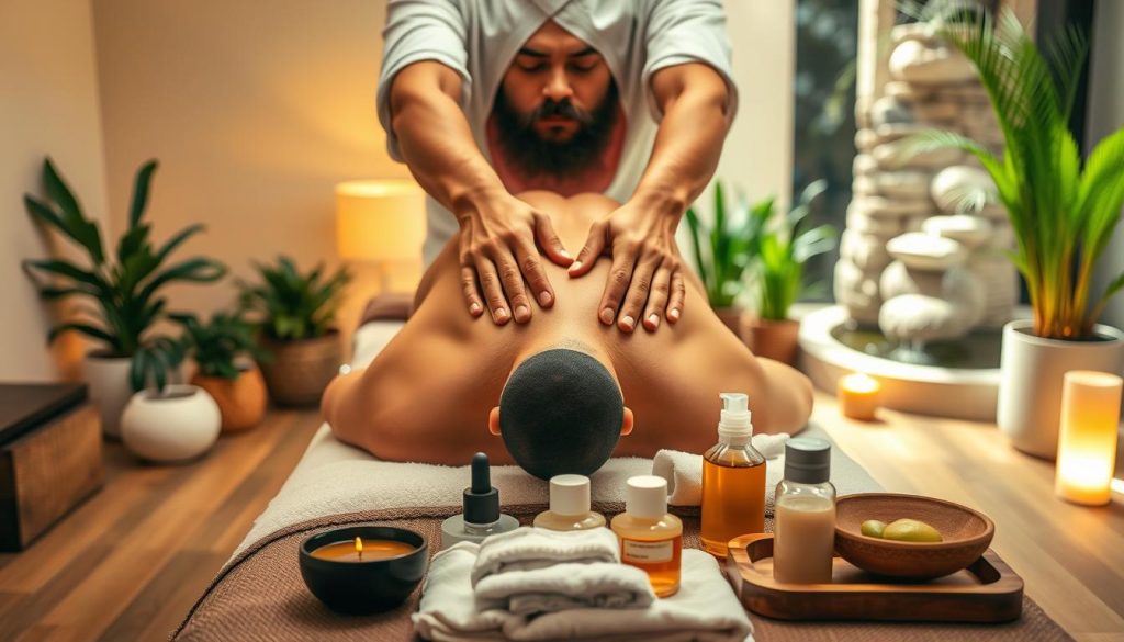 A serene massage studio with warm lighting and calming ambiance. In the foreground, a professional massage therapist's hands expertly manipulate the muscles of a client's back, using a variety of techniques like Swedish, deep tissue, and trigger point therapy. The middle ground showcases various massage tools and oils, neatly arranged on a wooden table. The background features soothing natural elements like potted plants and a tranquil water feature, creating a harmonious and rejuvenating atmosphere.