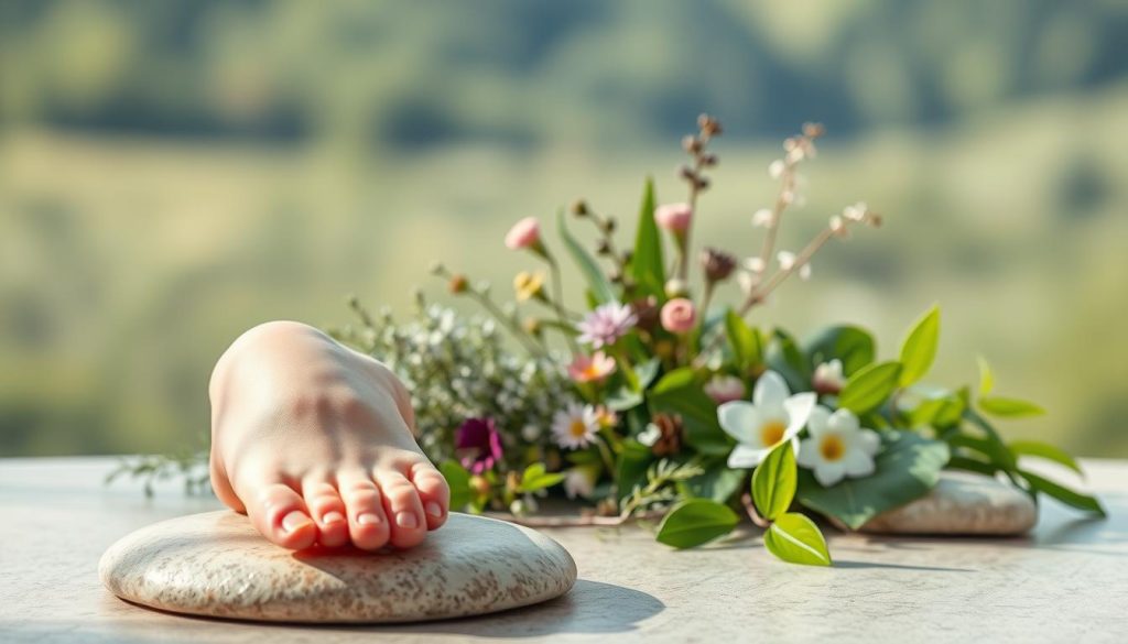 A serene, minimalist composition depicting the restorative benefits of reflexology. In the foreground, a delicate foot rests atop a smooth, polished stone surface, the toes and soles illuminated by soft, diffused natural light. The middle ground features an array of tranquil botanicals - fragrant herbs, calming flowers, and lush green leaves - arranged in a harmonious, meditative display. The background is a blurred, dreamlike landscape, hinting at a sense of peaceful retreat and rejuvenation. The overall tone is one of balance, wellness, and the therapeutic power of touch and natural elements. A serene, minimalist composition depicting the restorative benefits of reflexology. In the foreground, a delicate foot rests atop a smooth, polished stone surface, the toes and soles illuminated by soft, diffused natural light. The middle ground features an array of tranquil botanicals - fragrant herbs, calming flowers, and lush green leaves - arranged in a harmonious, meditative display. The background is a blurred, dreamlike landscape, hinting at a sense of peaceful retreat and rejuvenation. The overall tone is one of balance, wellness, and the therapeutic power of touch and natural elements.