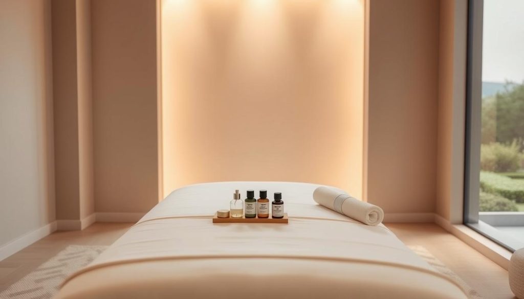 A serene, minimalist scene showcasing the pricing and payment options for a professional massage experience. In the foreground, a clean, modern massage table with a crisp white sheet and a simple set of massage oils and tools neatly arranged. The middle ground features a soothing, neutral-toned wall with a warm, indirect lighting setup, casting a soft, inviting glow. The background depicts a tranquil, natural landscape visible through a large window, perhaps with a glimpse of a calming garden or serene cityscape. The overall atmosphere conveys a sense of tranquility, professionalism, and attention to detail, reflecting the careful consideration of pricing and payment in the massage therapy experience.