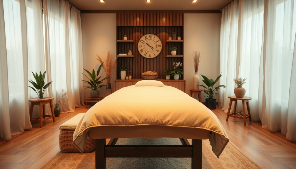 A serene, professional massage therapy studio with warm, natural lighting and soothing, earthy tones. A plush massage table takes center stage, surrounded by carefully curated decor elements like potted plants, soft linens, and wooden accents. The atmosphere evokes a sense of relaxation and rejuvenation. The camera angle captures the room's inviting ambiance, showcasing the high-quality, expert-level massage services offered at Armut Masaj Terapisti.