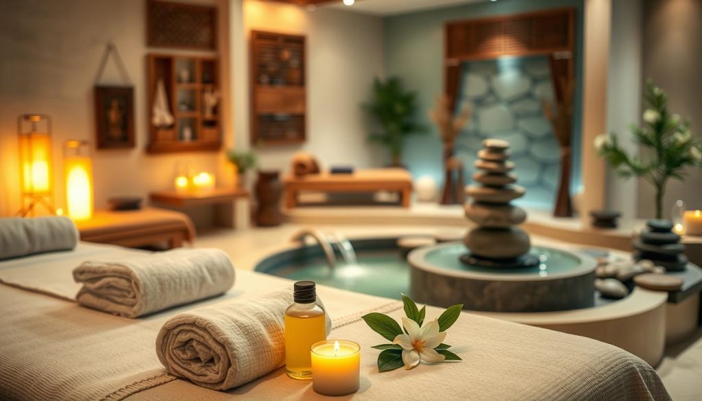 A serene spa environment in Istanbul, showcasing a variety of massage techniques in an elegant, tranquil setting. In the foreground, a beautifully arranged treatment table with fresh towels and aromatic oils, hinting at different types of massages like Swedish and Thai. The middle ground features a soothing water fountain and a selection of natural stones used for hot stone therapy, surrounded by delicate plants. In the background, soft, ambient lighting casts a warm glow over wooden decor and traditional Turkish elements, creating a calming atmosphere. The mood is peaceful and inviting, emphasizing relaxation and wellness. The scene is set with a shallow depth of field to focus on the massage elements while maintaining a soft bokeh effect in the background.