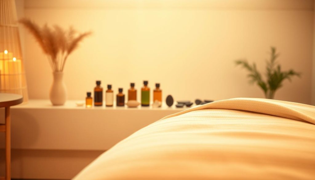 A serene spa-like setting, bathed in warm, natural lighting. The foreground features a massage table adorned with soft, plush linens, inviting the viewer to experience the restorative power of touch. In the middle ground, a collection of essential oils, herbs, and healing stones are artfully arranged, suggesting the holistic approach to wellbeing. The background depicts a minimalist, zen-inspired environment, with clean lines and a sense of tranquility, emphasizing the calming atmosphere. The overall composition conveys a harmonious balance between the physical and the mental, reflecting the scientific and holistic benefits of massage.