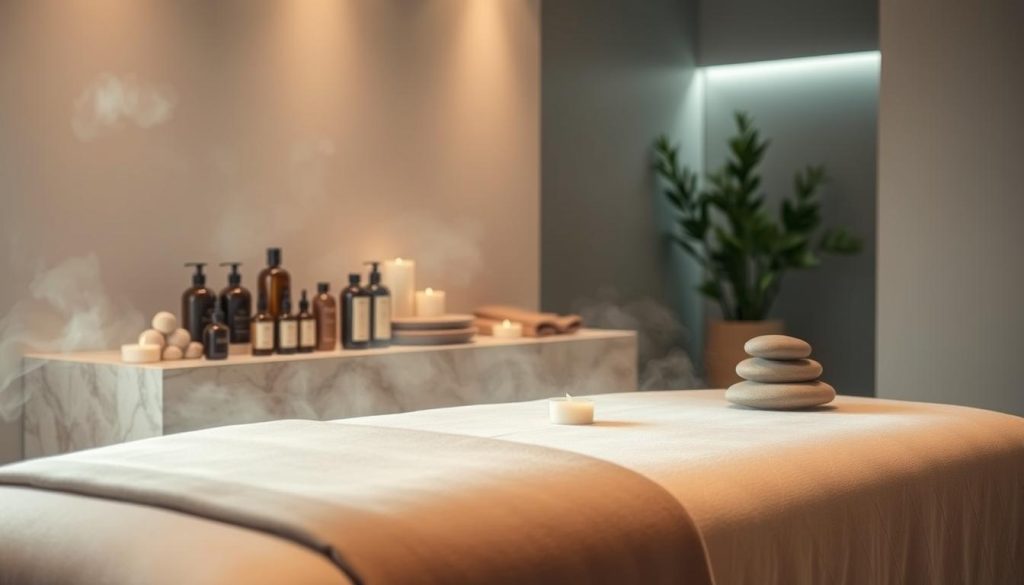 A serene spa-like setting with soft, diffused lighting and a calming, minimalist aesthetic. The foreground features a massage table draped in plush, luxurious fabrics in muted earth tones. Gentle steam or mist swirls around the table, creating a sense of tranquility. In the middle ground, a collection of massage oils, lotions, and natural elements like river stones and bamboo accents suggest the relaxing, holistic nature of the services offered. The background showcases a soothing, spa-like ambiance with neutral-toned walls, soft lighting, and a hint of greenery, conveying a sanctuary of wellness and rejuvenation for weary travelers.