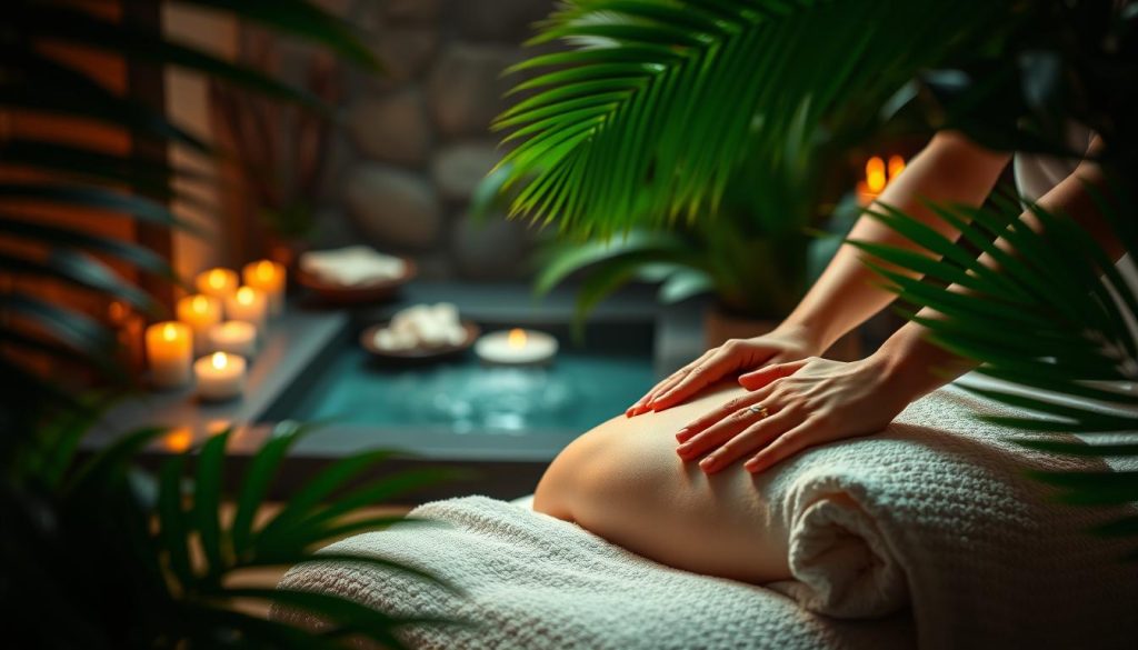 A serene spa setting with a soothing massage therapy experience. A dimly lit room with warm lighting, calming candles, and the gentle flow of water in the background. Soft, plush towels and aromatherapy oils create a sensory-rich environment. The masseuse's skilled hands gently kneading and soothing tense muscles, promoting deep relaxation. Lush tropical greenery frames the scene, transporting the viewer to a tranquil oasis. The overall atmosphere is one of tranquility, rejuvenation, and a deep sense of well-being.