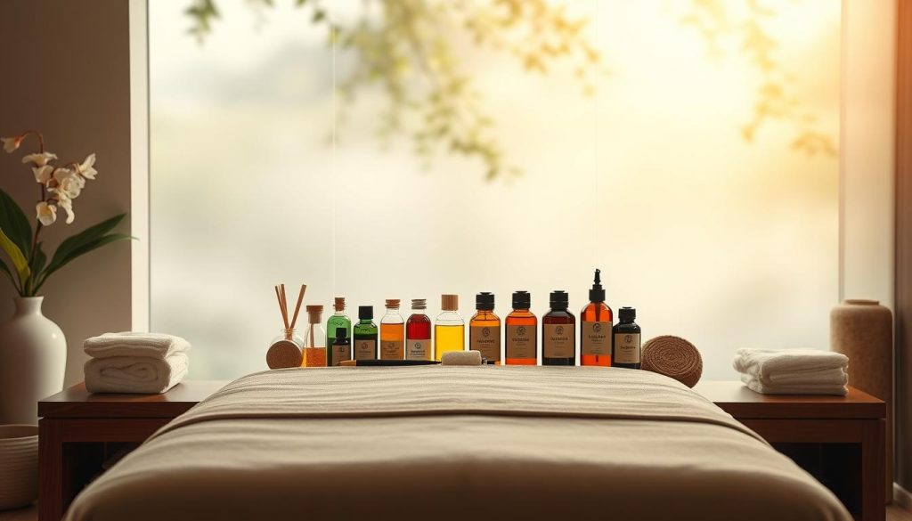 A serene spa setting with an array of massage modalities. A sleek table stands in the foreground, surrounded by soft lighting and soothing decor. In the middle ground, various massage tools and oils are meticulously arranged, symbolizing the different techniques - Swedish, deep tissue, aromatherapy, and Asian. The background features a tranquil, nature-inspired ambiance with subtle accents of greenery and natural textures. The overall composition conveys a sense of relaxation, balance, and the expertise required to deliver a tailored, restorative massage experience.